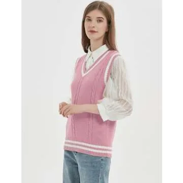 Gihuo Women's V Neck Trendy Sweater Vest Cable Knit Sleeveless Sweater Preppy Style Pullover Sweater Vest (Pink, Medium)