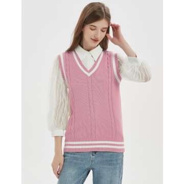 Gihuo Women's V Neck Trendy Sweater Vest Cable Knit Sleeveless Sweater Preppy Style Pullover Sweater Vest (Pink, Medium)