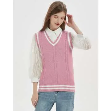 Gihuo Women's V Neck Trendy Sweater Vest Cable Knit Sleeveless Sweater Preppy Style Pullover Sweater Vest (Pink, Medium)