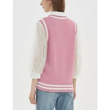 Gihuo Women's V Neck Trendy Sweater Vest Cable Knit Sleeveless Sweater Preppy Style Pullover Sweater Vest (Pink, Medium)