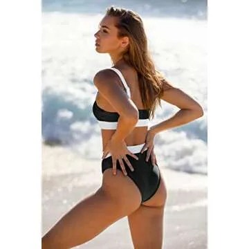 ZINPRETTY Women High Waisted Bikini Sets Color Block Swimsuits 2 Piece Bathing Suits Tummy Control Sporty Teens