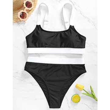 ZINPRETTY Women High Waisted Bikini Sets Color Block Swimsuits 2 Piece Bathing Suits Tummy Control Sporty Teens