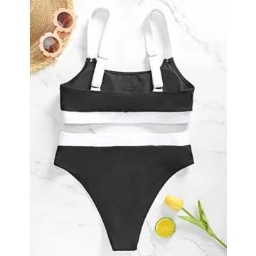 ZINPRETTY Women High Waisted Bikini Sets Color Block Swimsuits 2 Piece Bathing Suits Tummy Control Sporty Teens