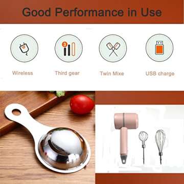 Hand Mixer, Portable Electric Cordless Handheld Mixer, 3-speed Usb Rechargeable withTwin Mixer Whips and Egg Separator for Whipping or Mixing Eggs, Butter, Cream,Kitchen Baking and Cooking (Pink)