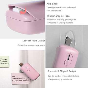 Bag Sealer, Mini Portable Handheld Heat Sealer, Reseal Kitchen Sealing Machine for Chip Bags, Plastic Food Bags, Snack & Cereal Bags, Pink(Battery Included)