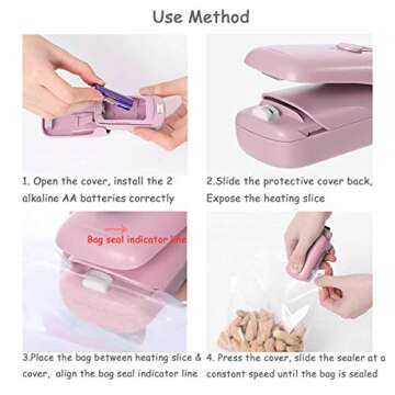 Bag Sealer, Mini Portable Handheld Heat Sealer, Reseal Kitchen Sealing Machine for Chip Bags, Plastic Food Bags, Snack & Cereal Bags, Pink(Battery Included)