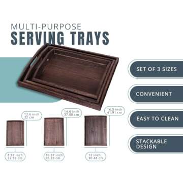 Serving Trays Set of 3 - Ottoman Wood Trays for Entertainment, Food and Décor - Rustic Farmhouse Di...