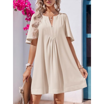Wenrine Womens Flutter Short Sleeve Mini Dress Casual V Neck Loose Flowy Summer Dresses Beige
