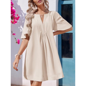 Wenrine Womens Flutter Short Sleeve Mini Dress Casual V Neck Loose Flowy Summer Dresses Beige