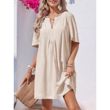 Wenrine Womens Flutter Short Sleeve Mini Dress Casual V Neck Loose Flowy Summer Dresses Beige