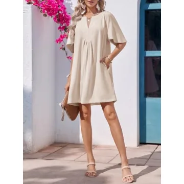 Wenrine Womens Flutter Short Sleeve Mini Dress Casual V Neck Loose Flowy Summer Dresses Beige