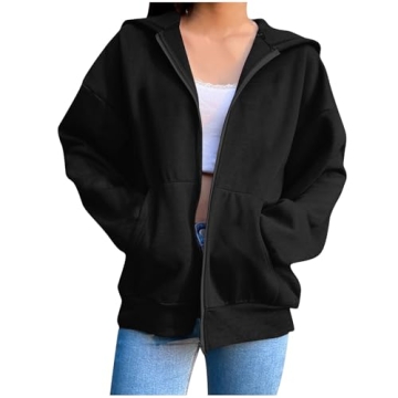 Womens Zip Up Hoodies Oversized 2024 Full Zip Up Jacket Long Sleeve Sweatshirts Fall Outfits Hoodies with Pockets,Black,Medium
