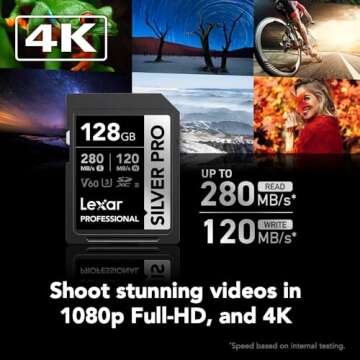 Lexar 128GB Professional SILVER PRO SDXC Memory Card, UHS-II, C10, U3, V60, Full-HD & 4K Video, Up T...