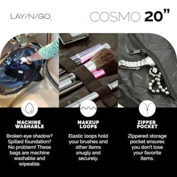 Lay-n-Go Cosmo Drawstring Cosmetic & Makeup Bag Organizer - Portable Drawstring Makeup Bag w/Zipper Pocket, Makeup Loops & More - Durable, Machine Washable Makeup Bag for Travel (20”, Comfort/White)