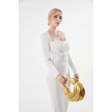 Tngan Women Woven Handbag PVC Leather Satchel Creative Noodles Style Fashion Crossbody Bag, Gold