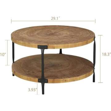 Awescuti Round Boho Wood Coffee Table - 29.1" Farmhouse Natural Circle Wooden 2-Tier Coffee Tables Living Room Furniture, Natural Wood Color, 29.1" D x 18.3" H