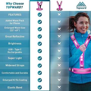 Topward LED Reflective Vest Running Gear, USB-C Rechargeable, Light Up Lights for Night Dog Walking Cycling, Running Phone Holder Vest for Runners, High Visibility with Adjustable Waist/Shoulder