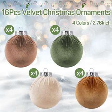 Amandir 16Pcs Velvet Christmas Ornaments Flocked Christmas Tree Balls Ornaments Shatterproof Plastic Decorative Hanging Xmas Bulbs Bulk Decorations Decor (Brown, Neutral, Green, Khaki, 2.76Inch)