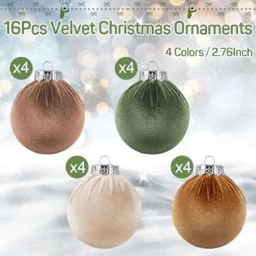 Amandir 16Pcs Velvet Christmas Ornaments Flocked Christmas Tree Balls Ornaments Shatterproof Plastic Decorative Hanging Xmas Bulbs Bulk Decorations Decor (Brown, Neutral, Green, Khaki, 2.76Inch)
