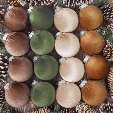 Amandir 16Pcs Velvet Christmas Ornaments Flocked Christmas Tree Balls Ornaments Shatterproof Plastic Decorative Hanging Xmas Bulbs Bulk Decorations Decor (Brown, Neutral, Green, Khaki, 2.76Inch)