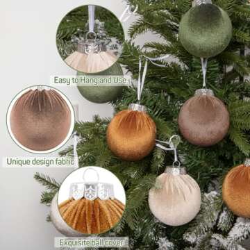 Amandir 16Pcs Velvet Christmas Ornaments Flocked Christmas Tree Balls Ornaments Shatterproof Plastic Decorative Hanging Xmas Bulbs Bulk Decorations Decor (Brown, Neutral, Green, Khaki, 2.76Inch)