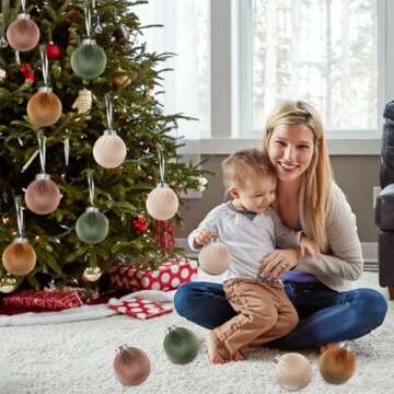 Amandir 16Pcs Velvet Christmas Ornaments Flocked Christmas Tree Balls Ornaments Shatterproof Plastic Decorative Hanging Xmas Bulbs Bulk Decorations Decor (Brown, Neutral, Green, Khaki, 2.76Inch)