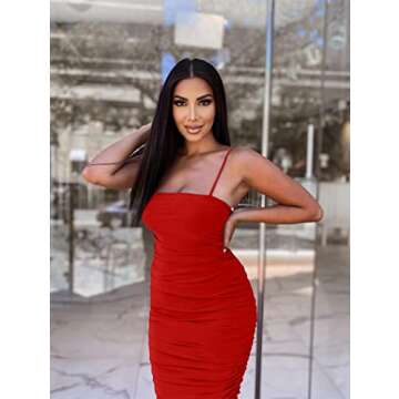BEAGIMEG Women's Sexy Bodycon Sleeveless Spaghetti Strap Ruched Club Party Cocktail Midi Dress red