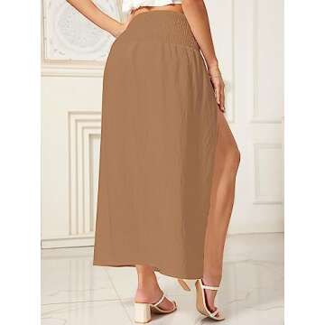 WDIRARA Women's High Slit Sarong Smocked High Waisted Swimsuit Coverup Maxi Skirt