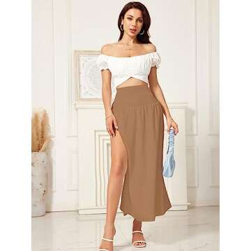 WDIRARA Women's High Slit Sarong Smocked High Waisted Swimsuit Coverup Maxi Skirt