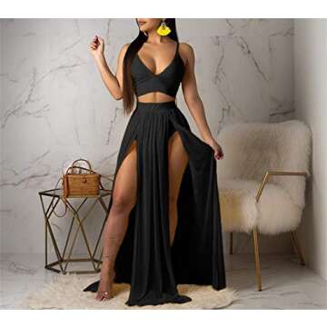 Sexy Dresses for Women 2 Piece Outfits Chiffon Strap Deep V Neck Bra Crop Top High Split Maxi Dress Skirt Set Beachwear Black XXL