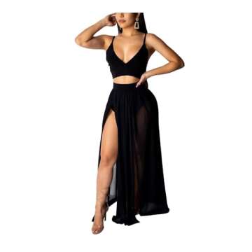 Sexy Dresses for Women 2 Piece Outfits Chiffon Strap Deep V Neck Bra Crop Top High Split Maxi Dress Skirt Set Beachwear Black XXL