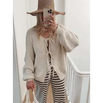 Women’s Bow Tie Oversized Sweater Y2k V Neck Knit Cardigan Cute Long Sleeve Pullover Top Beige