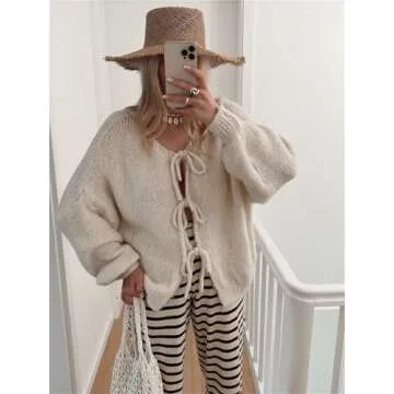 Women’s Bow Tie Oversized Sweater Y2k V Neck Knit Cardigan Cute Long Sleeve Pullover Top Beige