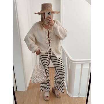 Women’s Bow Tie Oversized Sweater Y2k V Neck Knit Cardigan Cute Long Sleeve Pullover Top Beige