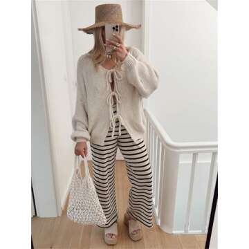 Women’s Bow Tie Oversized Sweater Y2k V Neck Knit Cardigan Cute Long Sleeve Pullover Top Beige