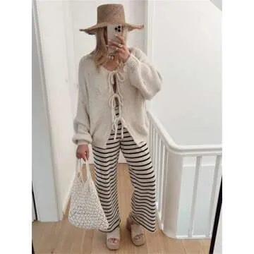Women’s Bow Tie Oversized Sweater Y2k V Neck Knit Cardigan Cute Long Sleeve Pullover Top Beige