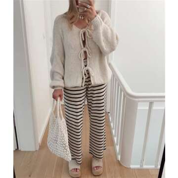 Women’s Bow Tie Oversized Sweater Y2k V Neck Knit Cardigan Cute Long Sleeve Pullover Top Beige
