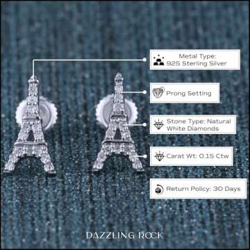 Dazzlingrock Collection Round White Diamond Eiffel Tower Stud Earrings for Women (0.15 Carat, Color I-J, Clarity I2-I3) in 925 Sterling Silver in Screw Back