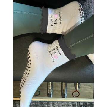 Puedizux Women Cute Pilates Socks Grip Crew Yoga Socks Ruffle Cuff Embroidery Pattern Workout Ballet...
