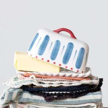 Creative Co-Op Hand-Painted Stoneware Butter Dish with Scalloped Edge, White, Red, and Blue, Medium,...