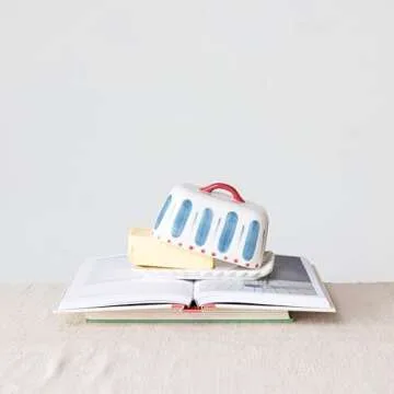Creative Co-Op Hand-Painted Stoneware Butter Dish with Scalloped Edge, White, Red, and Blue, Medium, Multi