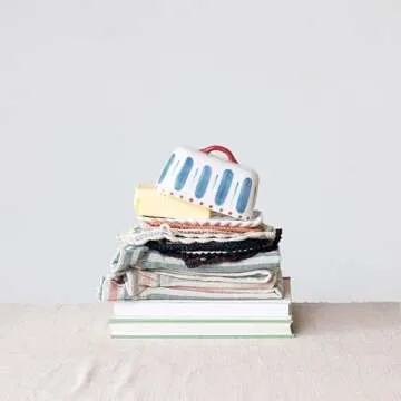 Creative Co-Op Hand-Painted Stoneware Butter Dish with Scalloped Edge, White, Red, and Blue, Medium, Multi