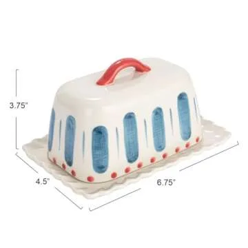 Creative Co-Op Hand-Painted Stoneware Butter Dish with Scalloped Edge, White, Red, and Blue, Medium, Multi