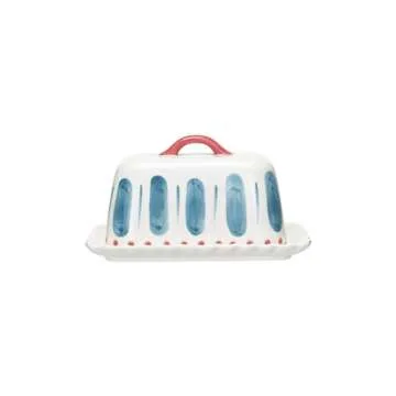 Creative Co-Op Hand-Painted Stoneware Butter Dish with Scalloped Edge, White, Red, and Blue, Medium, Multi