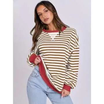 ANRABESS Women Striped Oversized Sweatshirt Long Sleeve Crewneck Shirts 2025 Fall Fashion Pullover Sweater Trendy Clothes Caramel White Medium