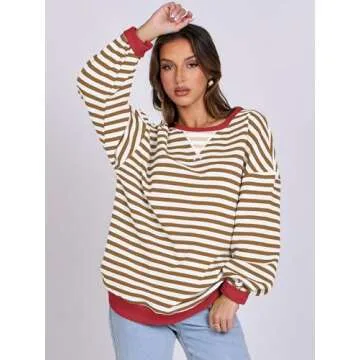 ANRABESS Women Striped Oversized Sweatshirt Long Sleeve Crewneck Shirts 2025 Fall Fashion Pullover Sweater Trendy Clothes Caramel White Medium