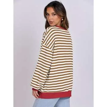 ANRABESS Women Striped Oversized Sweatshirt Long Sleeve Crewneck Shirts 2025 Fall Fashion Pullover Sweater Trendy Clothes Caramel White Medium