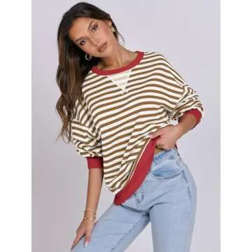 ANRABESS Women Striped Oversized Sweatshirt Long Sleeve Crewneck Shirts 2025 Fall Fashion Pullover Sweater Trendy Clothes Caramel White Medium