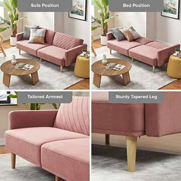 mopio Futon Sofa Bed, Small Couch, Sleeper, Loveseat, Mid Century Modern Futon Couch, Sofa Cama, Couches for Living Room (Old Rosa Velvet)