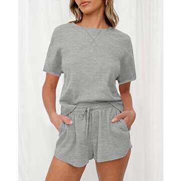 ZESICA Women's Waffle Knit Pajama Set Short Sleeve Top and Shorts Loungewear Athletic Tracksuits with Pockets Grey
